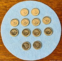 Full view of all eleven 1967 Canadian five-cent coins on blue felt
