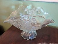 Overall view of clear pressed glass footed dish, rose embossing