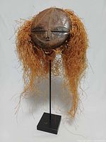 Front view of circular wooden Pende mask with raffia hair on stand