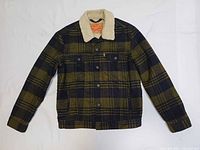Front view of Levi's plaid sherpa jacket showing overall design and pattern