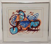 Full view of framed abstract gouache painting in silver frame