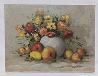 Full view of unframed oil painting showing flowers and fruit