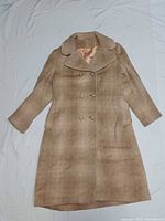 Full view of tan mohair long coat front