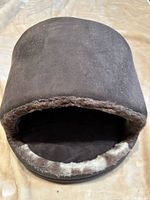 Front view of grey cave pet bed showing opening