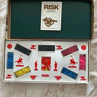 Open box showing insert with plastic armies and Risk cards