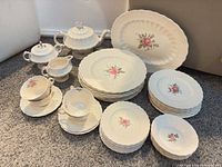 Full set of dinnerware pieces arranged showing variety and counts