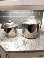 Both stainless steel pots with lids on countertop