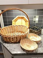 All five baskets grouped on countertop
