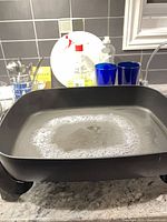 Rival electric skillet filled with water on countertop, shows interior and exterior