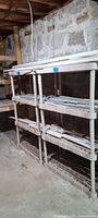Pair of beige plastic shelving units in basement