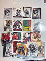 All 26 Patrick Roy hockey cards laid out for overview