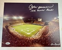 Full view of signed 8x10 Mile High Stadium photo showing autograph, inscription, field and stands