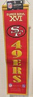 Full view of red 49ers Super Bowl XVI wool banner