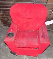 Front view of red toddler armchair showing cup holder and overall condition
