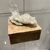 Full view of marble trinket box with quartz cluster on lid