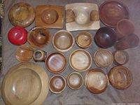 Group shot of all 22 wooden pieces assorted sizes and shapes