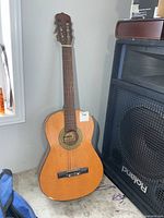 Full front view of Hohner youth acoustic guitar leaning against wall