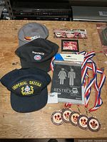 Overview of entire lot showing three caps, medals, restroom sign, magnets, tile