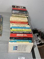 Row of approximately 20 paperbacks on table