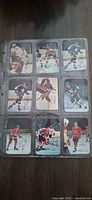 Fronts of nine 1977 O-Pee-Chee glossy hockey cards in plastic sheet