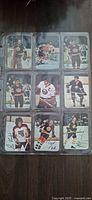 Fronts of nine glossy hockey cards in plastic page