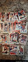 Spread of assorted Montreal Canadiens trading cards laid out on table