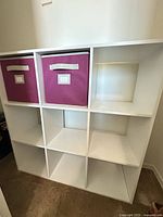 Front view showing organizer with nine compartments and two pink bins