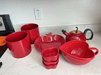 Full set showing crocks, apple bowl, ramekins stack, teapot, heart bowl