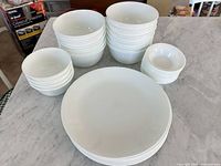 All dishware stacks: dinner plates, cereal/soup bowls, dessert bowls