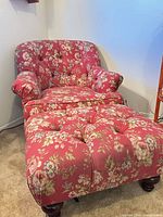 Armchair with ottoman showing overall style, matching upholstery and legs