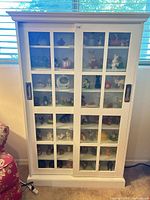 Full front view showing two sliding grid-pane glass doors, recessed handles and internal shelves