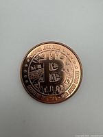 Obverse of copper round showing Bitcoin symbol and inscriptions Copper .999 Fine, Made in the USA, One AVDP Ounce