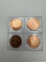 Four 2006 Canadian pennies, each in its own plastic flip