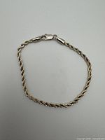 Overall view of silver-tone rope chain bracelet with lobster clasp