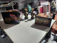 Overall lot showing two jubako boxes and two cloisonné vases