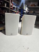 Front view of both white Boston Acoustics SubSat 7 speakers