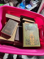 Top view of plastic tote showing multiple antique books