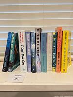 Front view of eleven paperback novels standing upright showing spines and titles