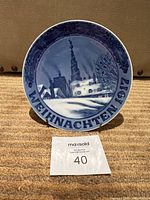 Front view of Royal Copenhagen Weihnachten 1917 plate showing scene and inscription