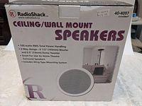 Retail box showing Radio Shack model 40-4097 ceiling/wall mount speakers and specifications
