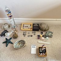 Overall view with thermometer, shell, starfish, stones and collectibles