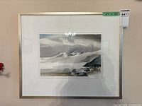 Front view framed watercolor landscape in silver metal frame