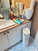 Countertop view showing salt lamp, toilet paper tower, mirror, soap dispenser, wastebasket and additional bathroom items