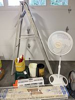 Overall view showing ladder, buckets, bins, shelving, pedestal fan