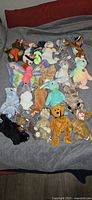 Overall view of 20 Ty Beanie Babies spread on grey bed cover