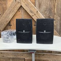 Front view of both Yamaha NS-AW1 speakers and sealed bag of mounting hardware on table