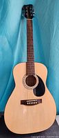 Front view of Jay Turser JJ-43N acoustic showing body, neck, rosette, pickguard