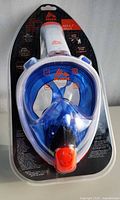 Front view of sealed RBX full-face snorkel mask in retail clamshell