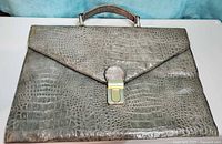 Front view of alligator leather attaché case showing overall design and texture