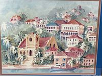 Close view of the Caribbean village watercolor print